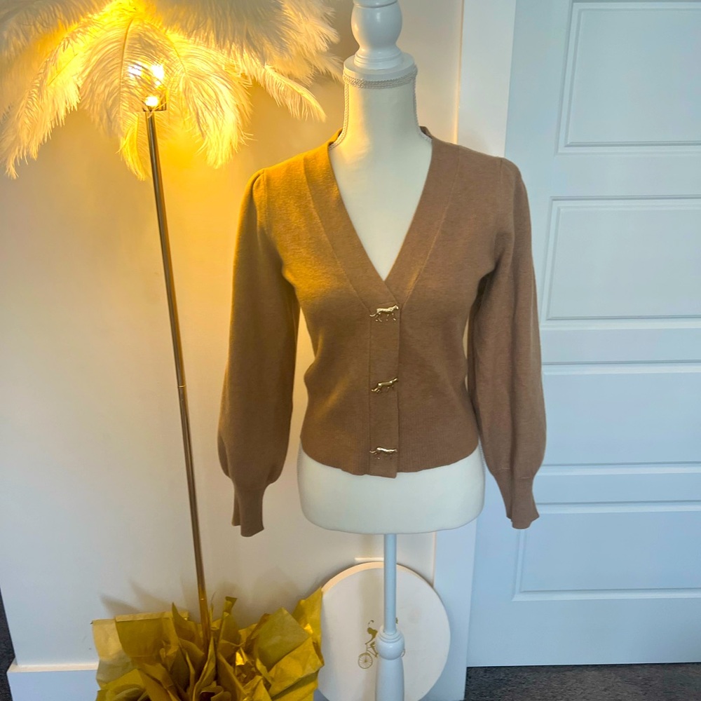 Cardigan with Gold Leopard Snaps in Front. Beautiful Camel Color - NWOTag Small